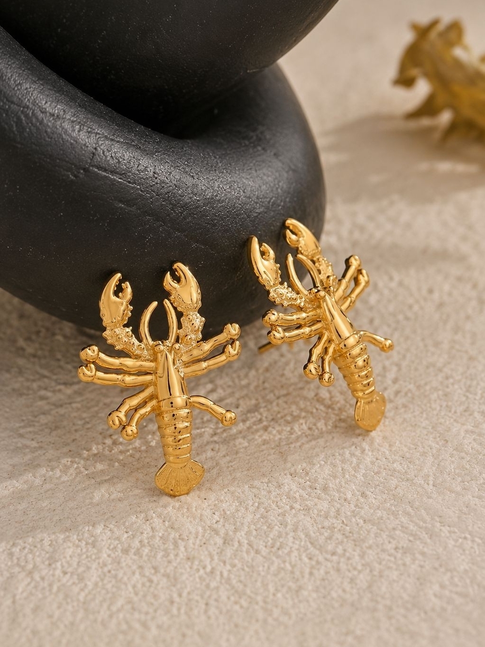 Shiny Gold tone Lobster Stud Earrings - Picture 5 of 5